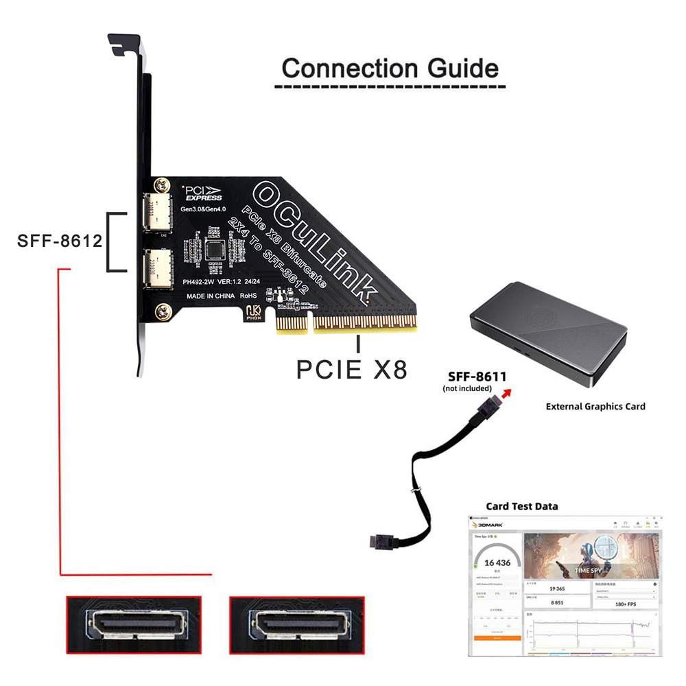 Oculink Egpu Dock Graphics Card - อะแดปเตอร์ PCI-Express 4.0 PCIE 8X แบบถอดได้เป็น
